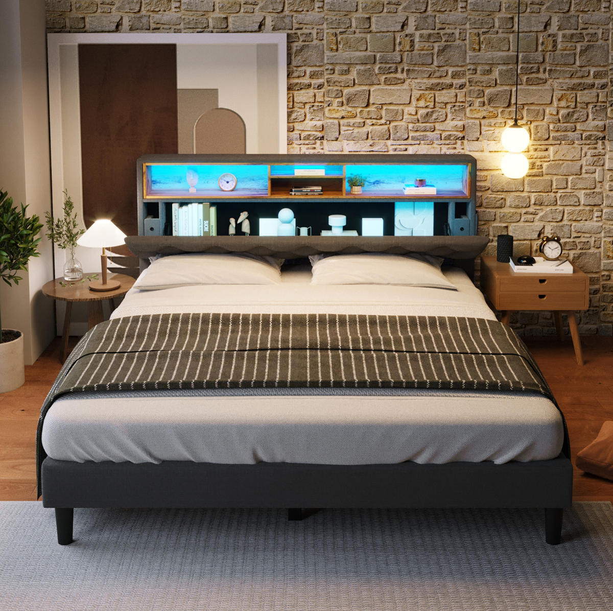 POLSTERBETT 140/200 cm Grau aus Massivholz mit Stauraum-Kopfteil und LED-Beleuchtung - Grau, Holz (140/200cm) - OKMYHOME