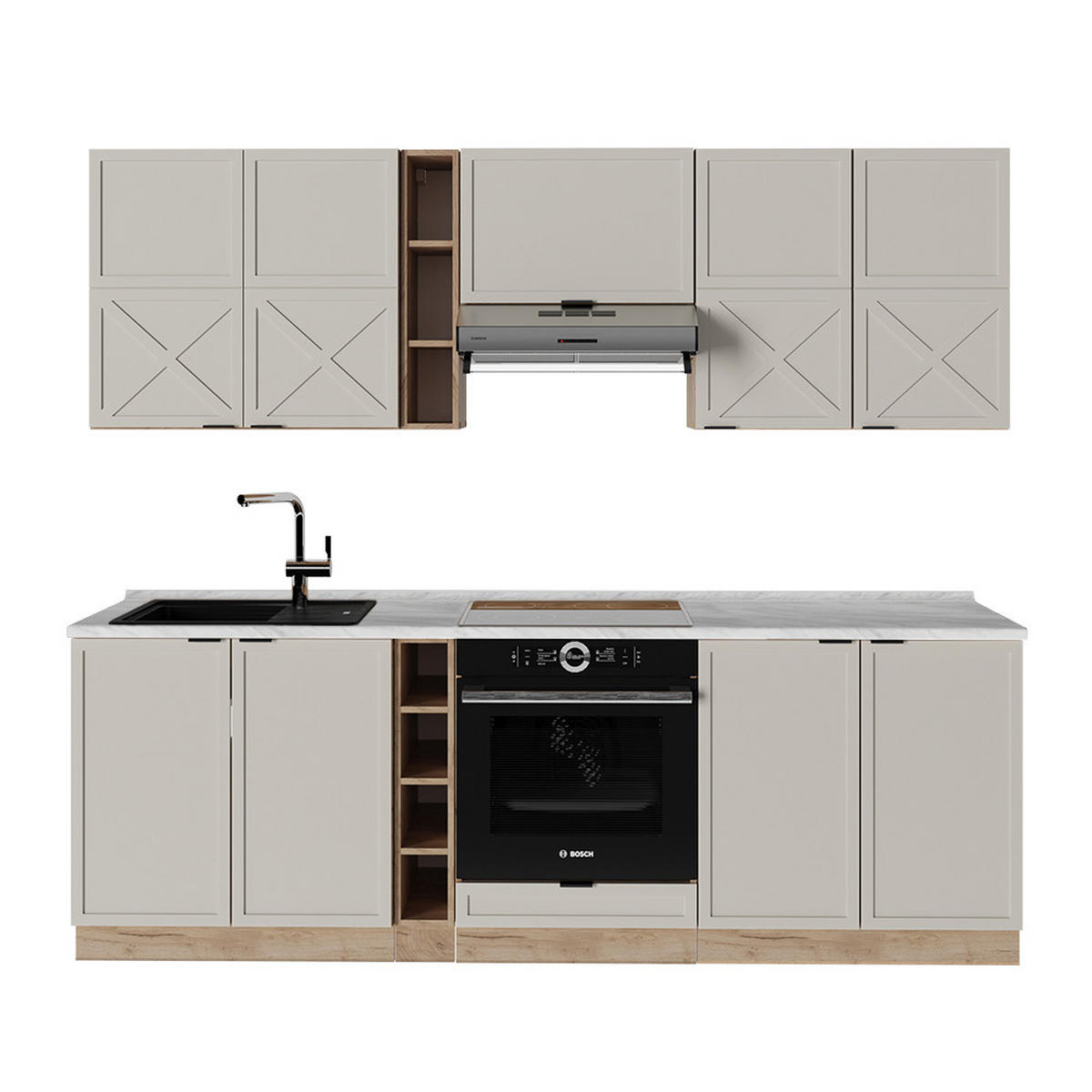 KÜCHENZEILE Fame-Line GrauBeige/Goldkraft Eiche 235 cm, AP Marmor - Honigeiche/Grau, Holzwerkstoff (235/81.6/60cm) - Vicco