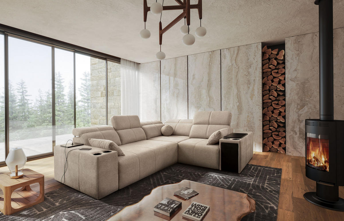 ECKSOFA Mit Schlaffunktion USB Und Verstellbarer Rückenlehne Mindy II KaltesBeige Rechts - Creme, Holz/Textil (288/219cm) - Kaiser Möbel