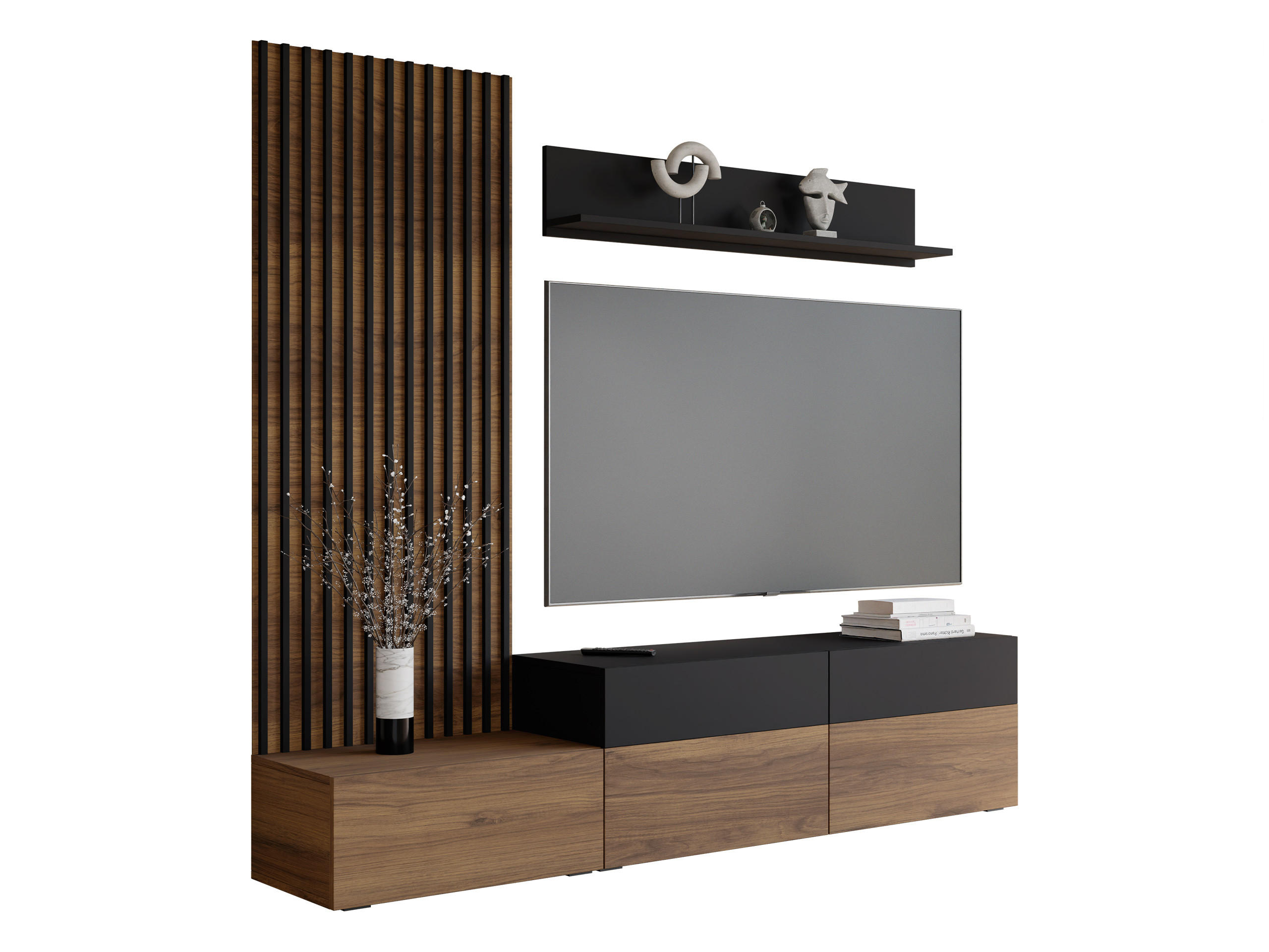 WOHNWAND Narezi I - Nussbaumfarben/Schwarz, Holzwerkstoff/Kunststoff (225/209/40cm) - MIRJAN24