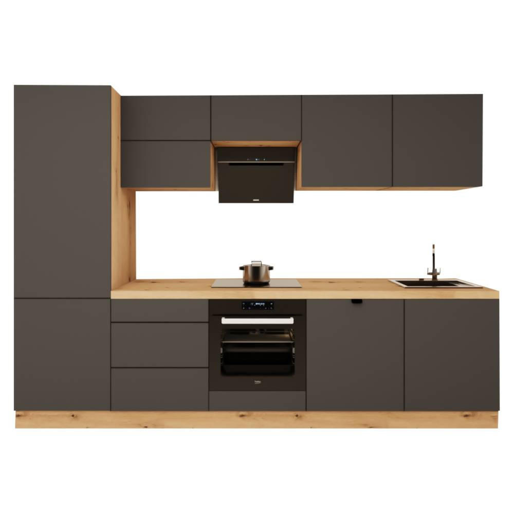 KÜCHENZEILE 300 cm - Langen KL29-M300 - in Grau/Matt - Grau, Holz (300/212/58cm)