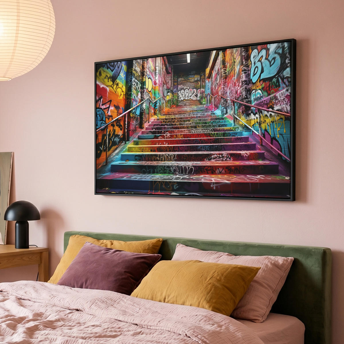 LEINWAND Bilder mit Rahmen - Treppe - Graffiti - Farben - Kunst - 150x100 - Multicolor, Textil (150/100cm) - MuchoWow