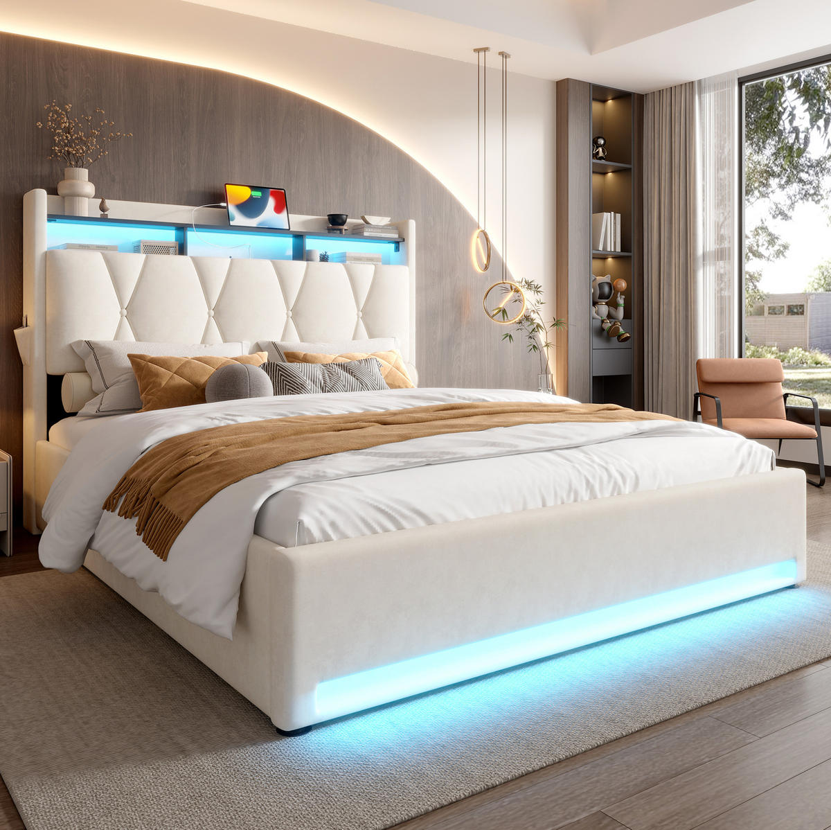 POLSTERBETT 140/200 cm beige aus Samt mit LED und Stauraum - Beige, Textil (140/200cm) - OKWISH