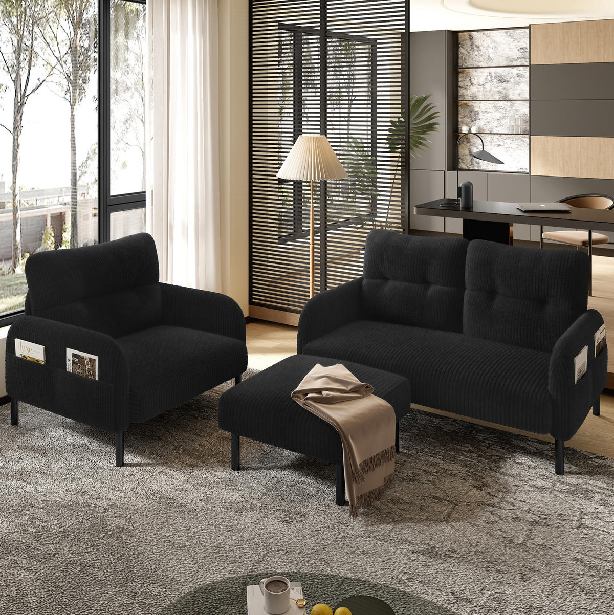 SESSEL 67/75/79 cm in Schwarz aus Cord mit Seitentasche - Schwarz, Textil (67/79/75cm) - BEAOK