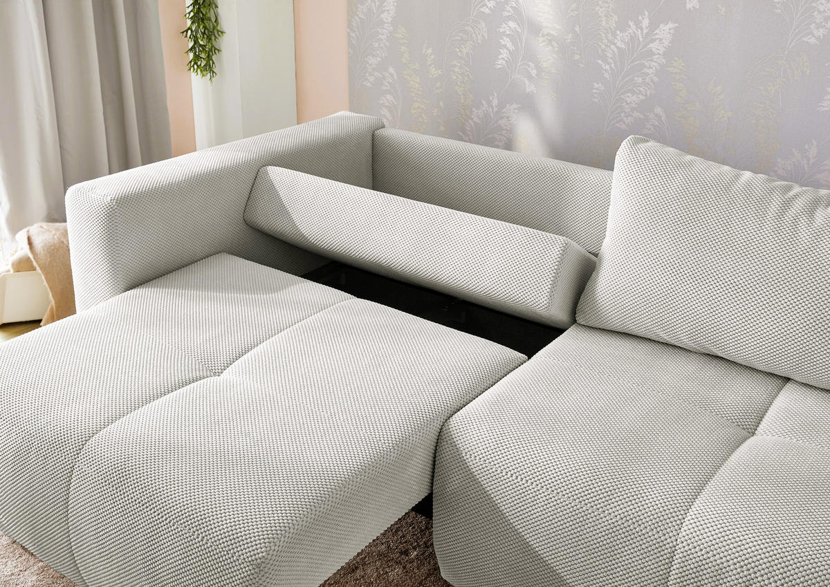 SCHLAFSOFA Verwandlung: Big-Sofa/Eckcouch, 2 Bettkästen, B243/T115-161/H84 cm, Liegefläche 145x197 cm, Waffelcord Silber-Grau / 15242 - Silberfarben/Schwarz, Kunststoff/Textil (243/84/115cm) - luma-home