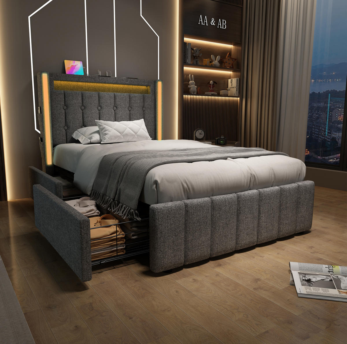 ČALOUNĚNÁ postel 90/200 cm šedá z lnu s LED osvětlením USB-C a 2 zásuvkami - šedá, textil (90/200cm) - OKWISH