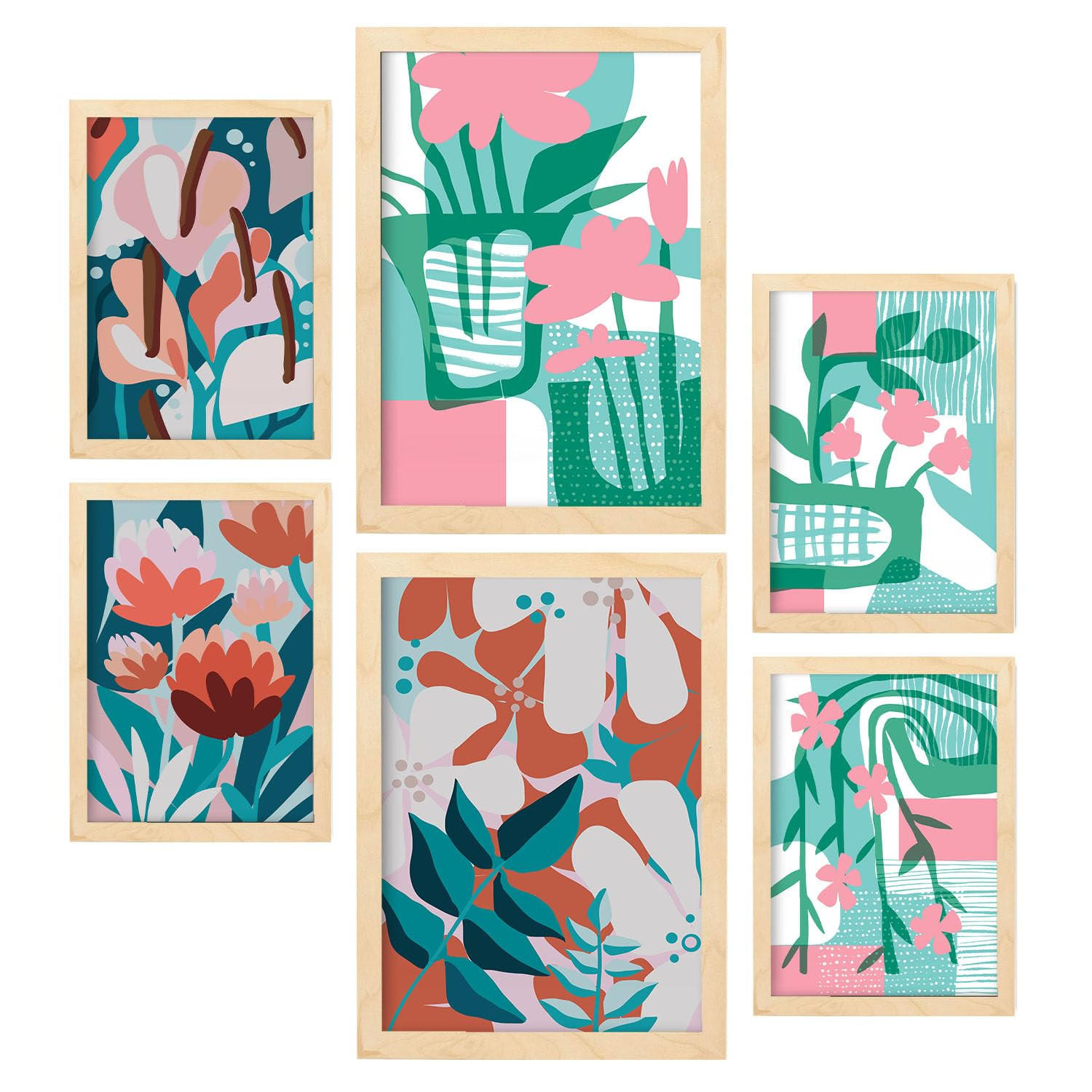 POSTER Set Mit 6 Pinkes Grün In Blume Zusammenfassung Ästhetische Dekorative Gemälde Für Ihr Wohnzimmer Zuhause A3 & A4 Rahmen Aus Hellem Holz - Beige, Papier (29/3cm) - Nacnic