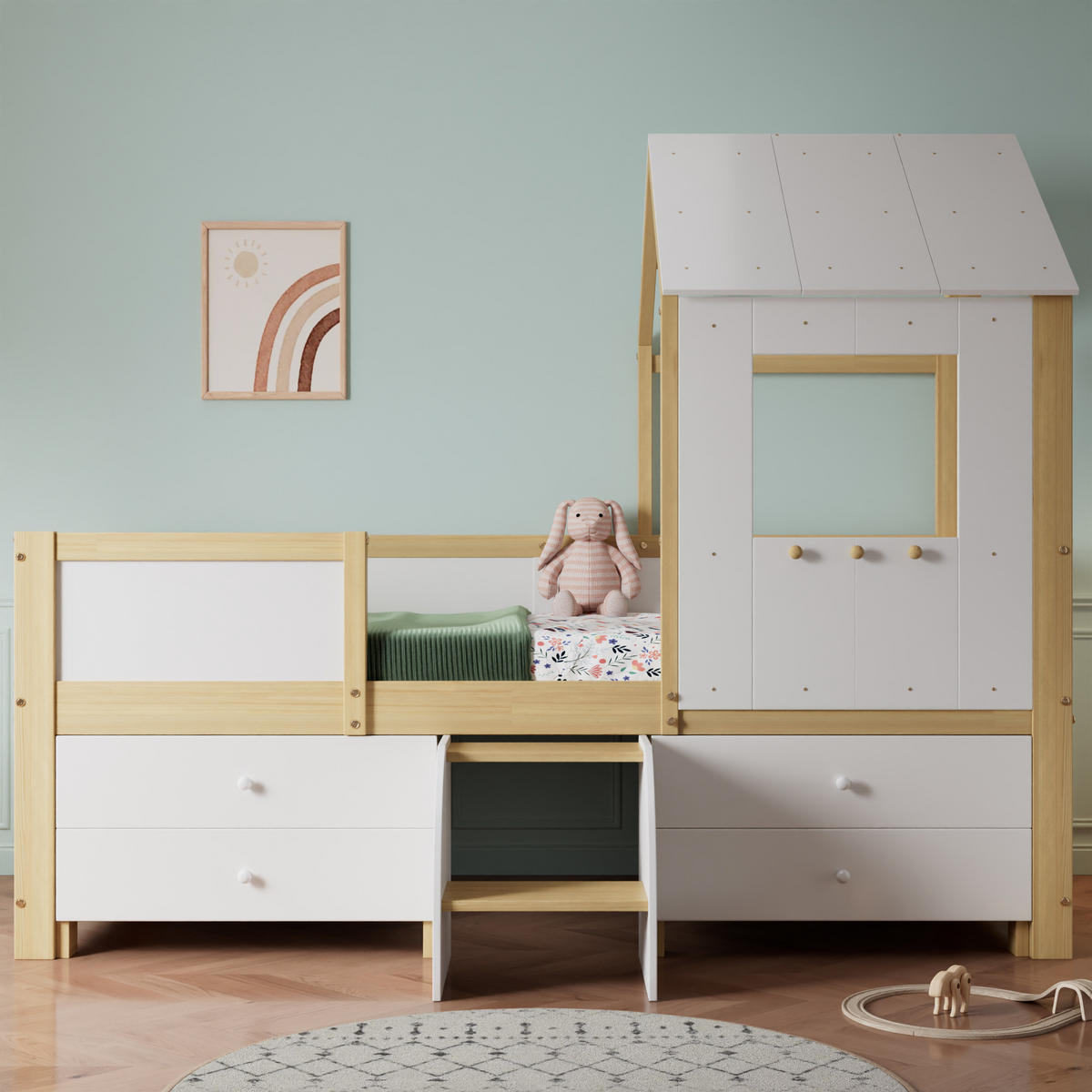 HAUSBETT 90/200 mit Dach, 4 Schubladen und kleiner Treppe in Weiß und Natur - Weiß/Naturfarben, Holzwerkstoff (90/200cm) - EVRYAE