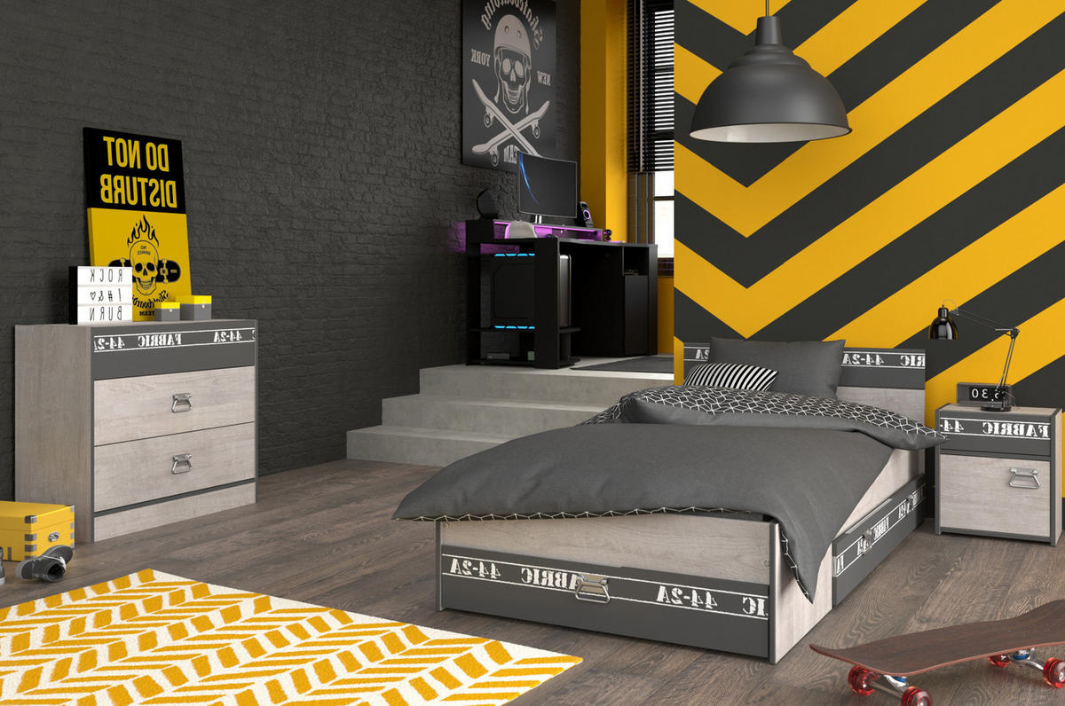 JUGENDZIMMER Set 4-tlg mit Gamingtisch Bett 90 x 200 Kommode - Chromfarben/Eschefarben, Holzwerkstoff/Kunststoff (99/87/207cm) - Parisot Meuble