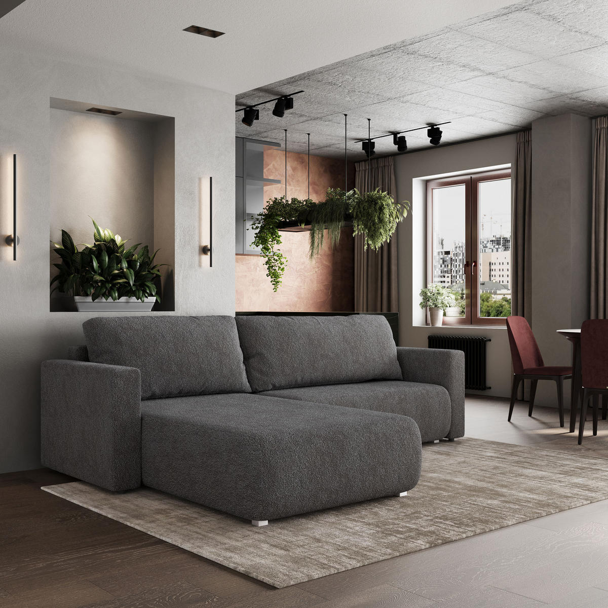 ECKSOFA TURIN N Grau Bucle-Stoff mit Schlaffunktion - Grau, Holz/Kunststoff (265/183cm) - MASSENO