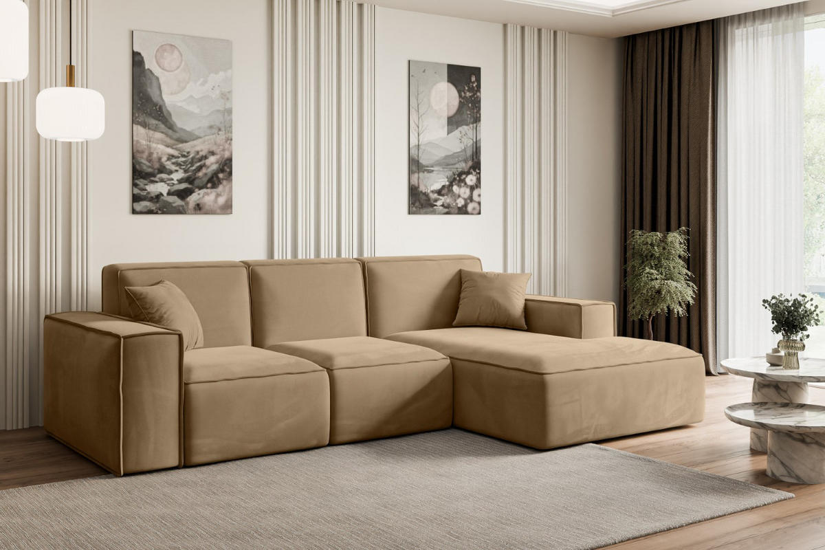 ECKSOFA Ottomane Rechts SERRA-L - 266x165x73 cm Beige Velours - Beige/Schwarz, Holzwerkstoff/Kunststoff (266/165cm) - ALTDECOR