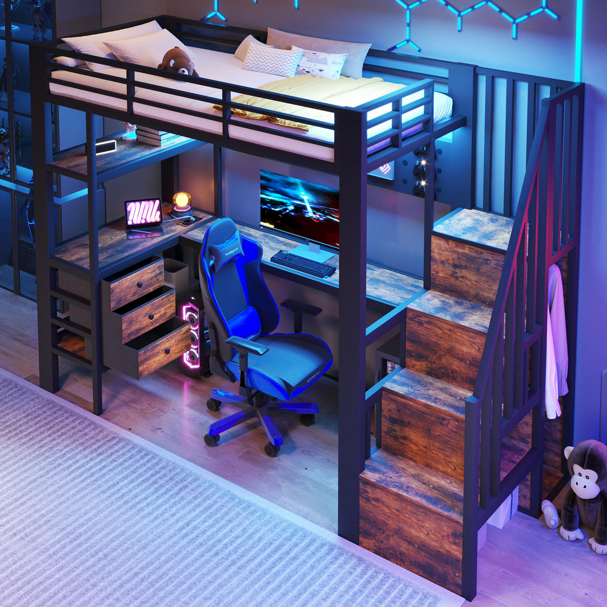 HOCHBETT 90/200 cm in Schwarz mit 3 Schubladen, Lochwand, Tisch, LED und Steckdose - Schwarz, Holzwerkstoff/Metall (90/200cm) - STILVORA