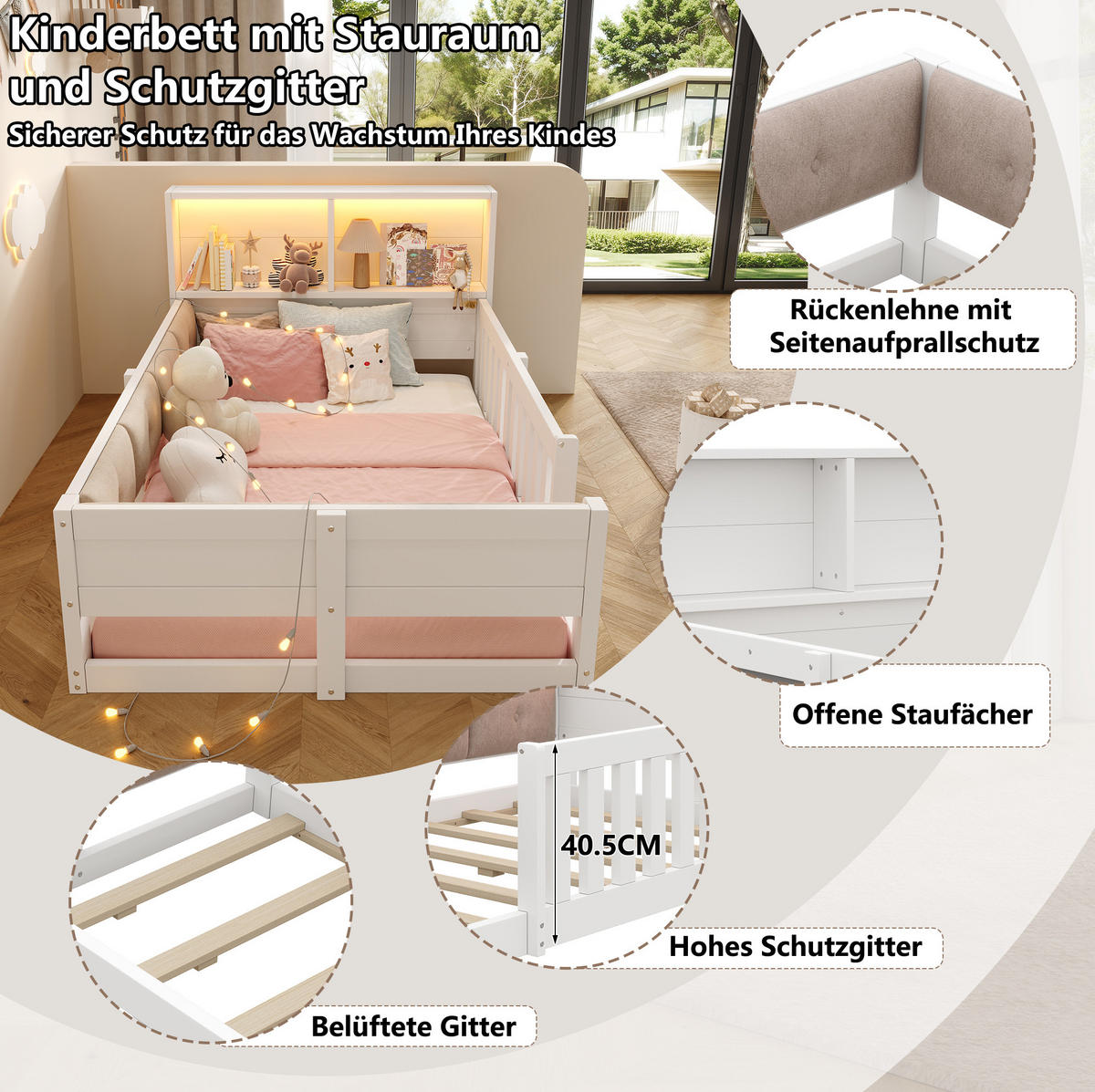 KINDERBETT Holzwerkstoff 90x200 cm Weiß/Natur mit Gitter, LED und Stauraum - Weiß, Holzwerkstoff (90/200cm) - Modfu