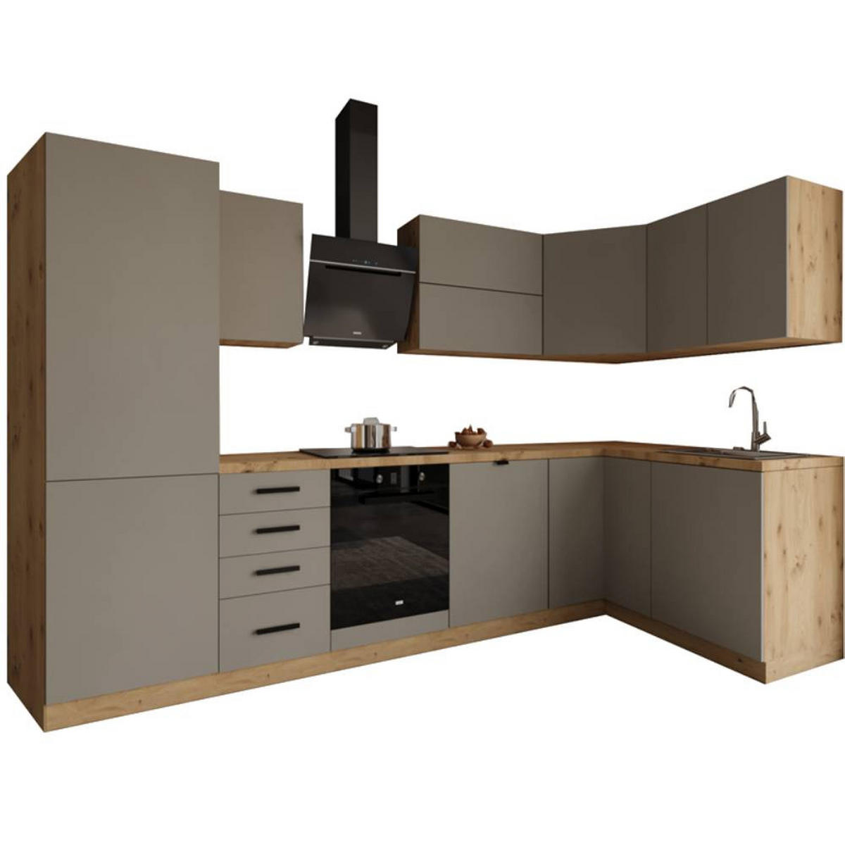 WINKELKÜCHE 300 cm x 140 cm- Langen KL6-M300 - in Beige/Matt - Beige/Schwarz, Holz/Holzwerkstoff (440/212/58cm)