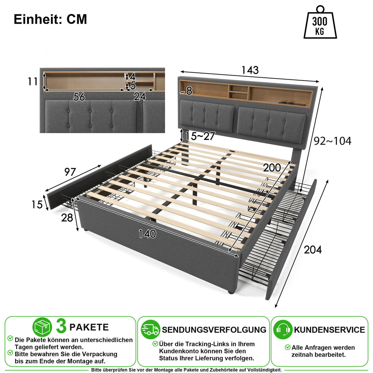 ČALOUNĚNÁ POSTEL 140/200 cm v šedé barvě se 4 zásuvkami, USB a Type-C - šedá, kov/kompozitní dřevo (140/200cm) - CHICFURN
