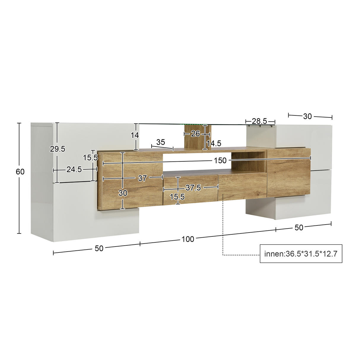 TV-SCHRANK 200/35/60 cm hochglänzendes Weiß MDF mit LED-Beleuchtung und Glasoberfläche - Weiß, Holzwerkstoff (200/60/35cm) - OKWISH