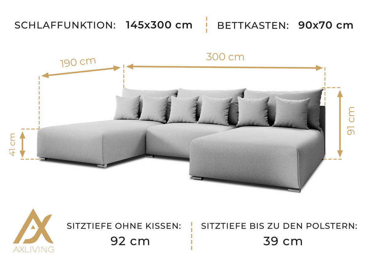 WOHNLANDSCHAFT Ederra U Dunkelgrau Stoff 300/190/91 cm – großes Sofa mit Schlaffunktion - Dunkelgrau/Silberfarben, Textil/Metall (300/91/190cm) - AX Living