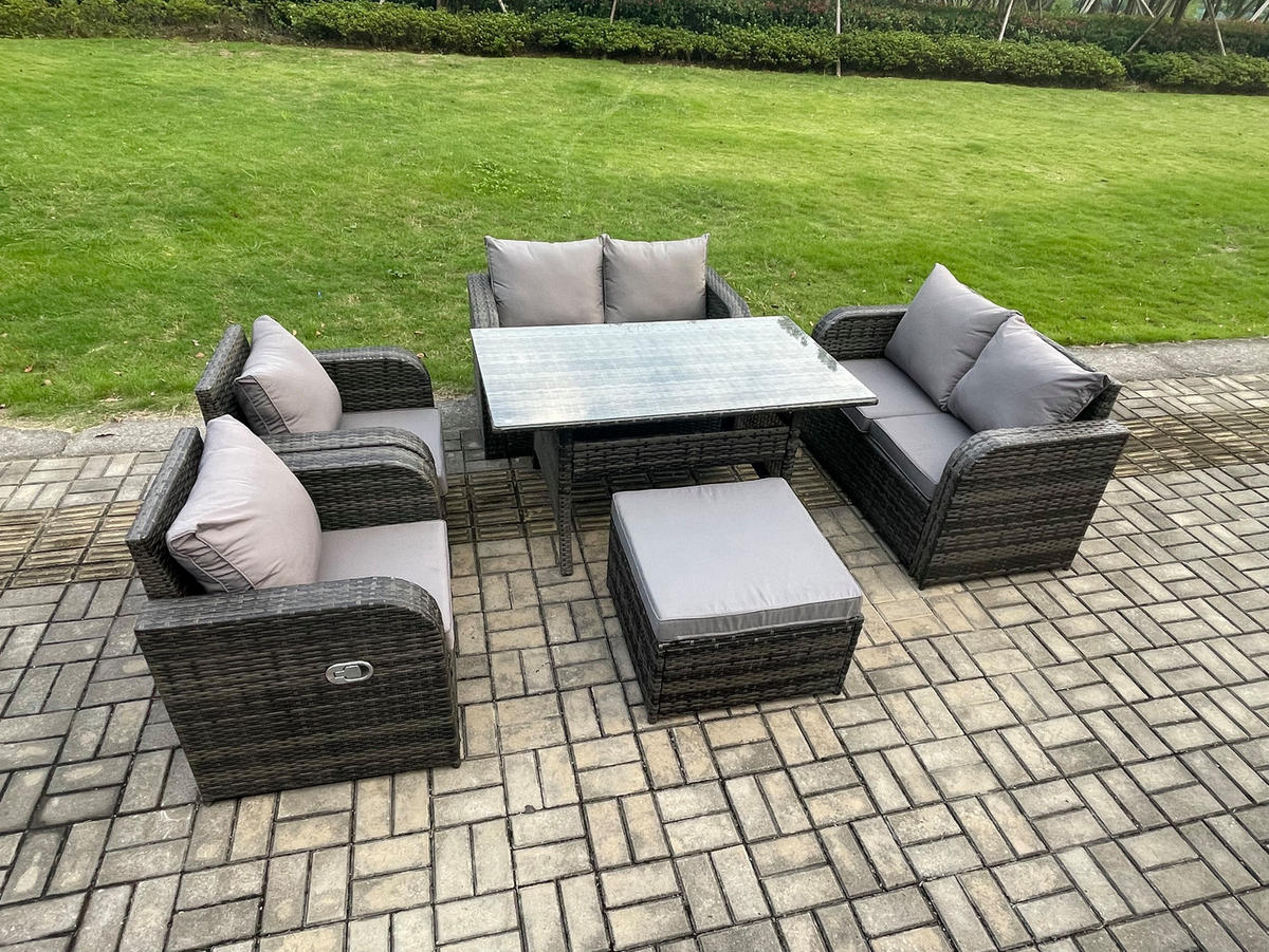 GARTENSET mit Zweisitzer,Hocker,Esstisch Polyrattan 7-Sitzer - Dunkelgrau/Grau, Glas/Kunststoff - Fimous