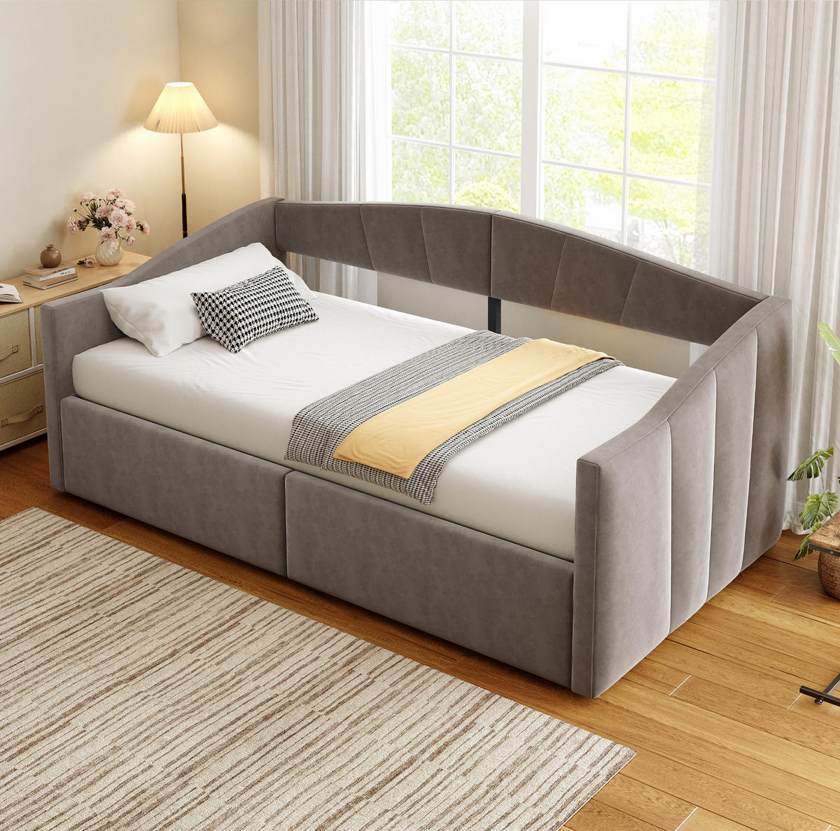 SAMT-POLSTERBETT 90/200 cm mit Bettkasten und Armlehnen in Grau - Grau, Textil (90/200cm) - BEAOK