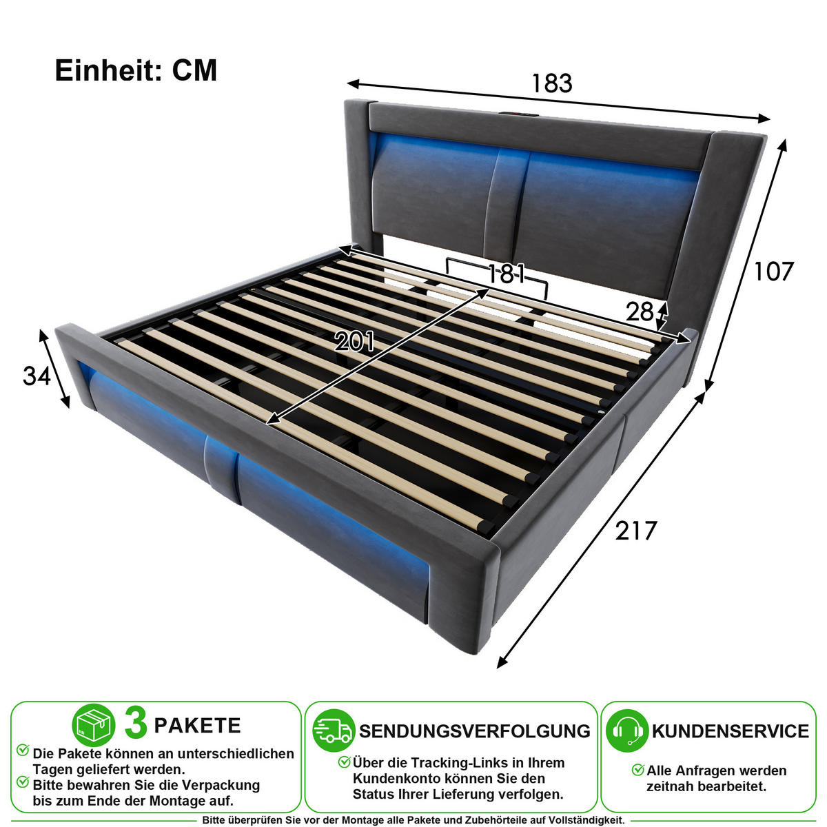 POLSTERBETT 180/200 cm in Grau Samt mit Bettkasten, LED und USB/Type-C - Grau, Holzwerkstoff/Textil (180/200cm) - CHICFURN