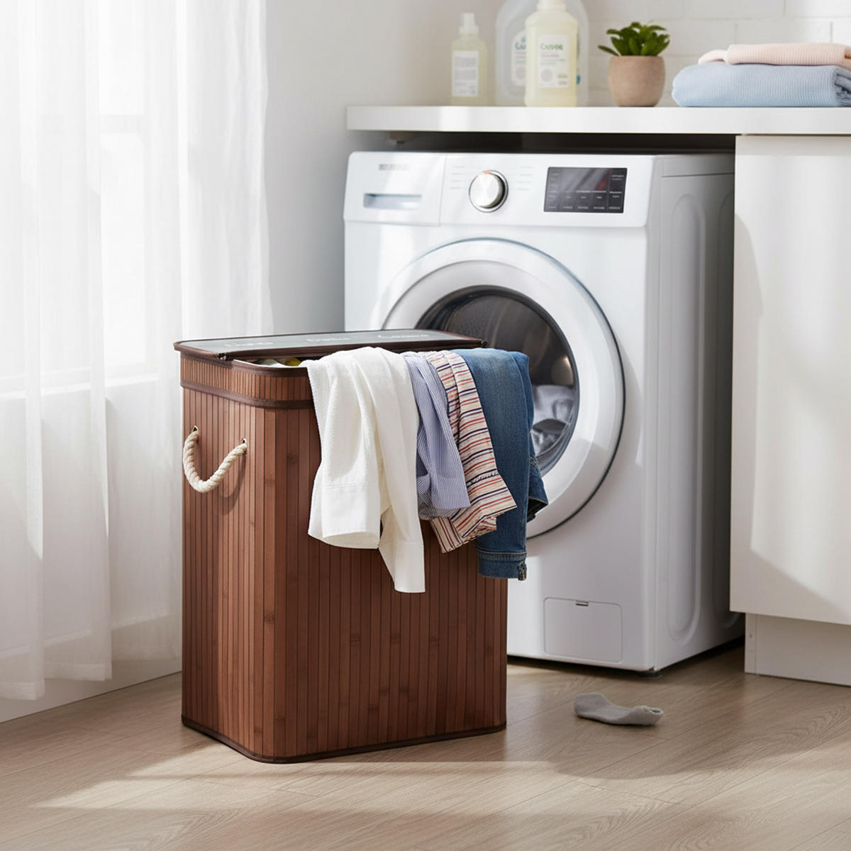 WÄSCHEKORB - Dunkelbraun, Holz/Textil (52/63/32cm) - Relaxdays