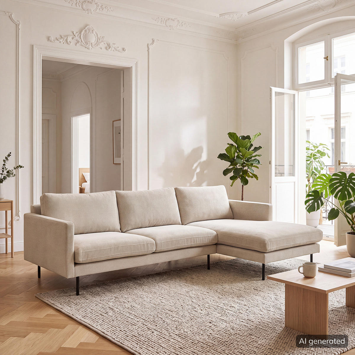 ECKSOFA mit Longchair - Beige/Schwarz, Textil/Metall (262/156cm) - home24
