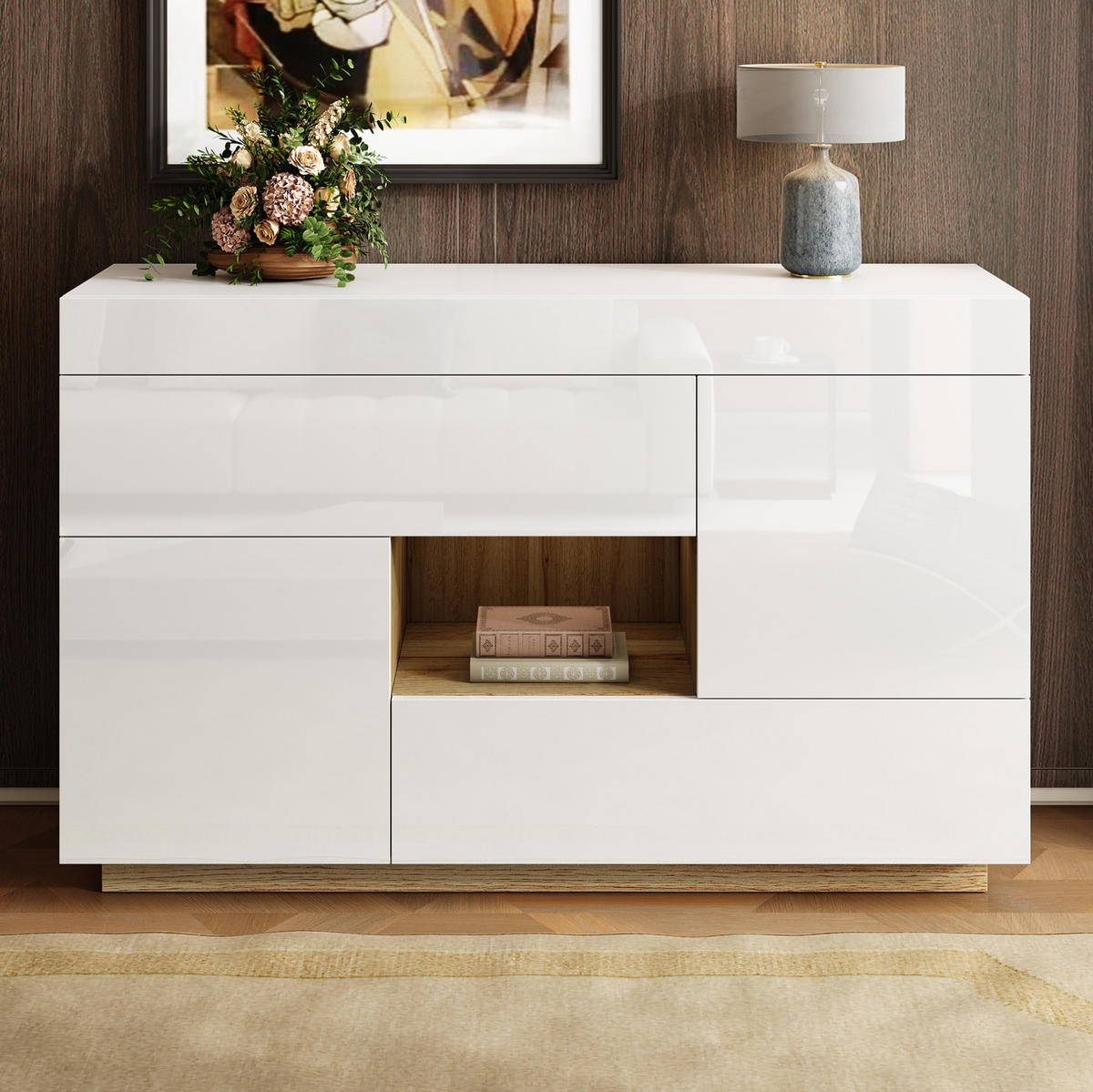 SIDEBOARD mit 2 Schubladen, Türen und offenem Fach, Hochglanz mit Holzoptik, integrierter 16-Farben-LED-Streifen, Spanplatte, 120/37/76,5 cm, Weiß - Weiß, Holzwerkstoff (120/37/76.5cm) - Redom