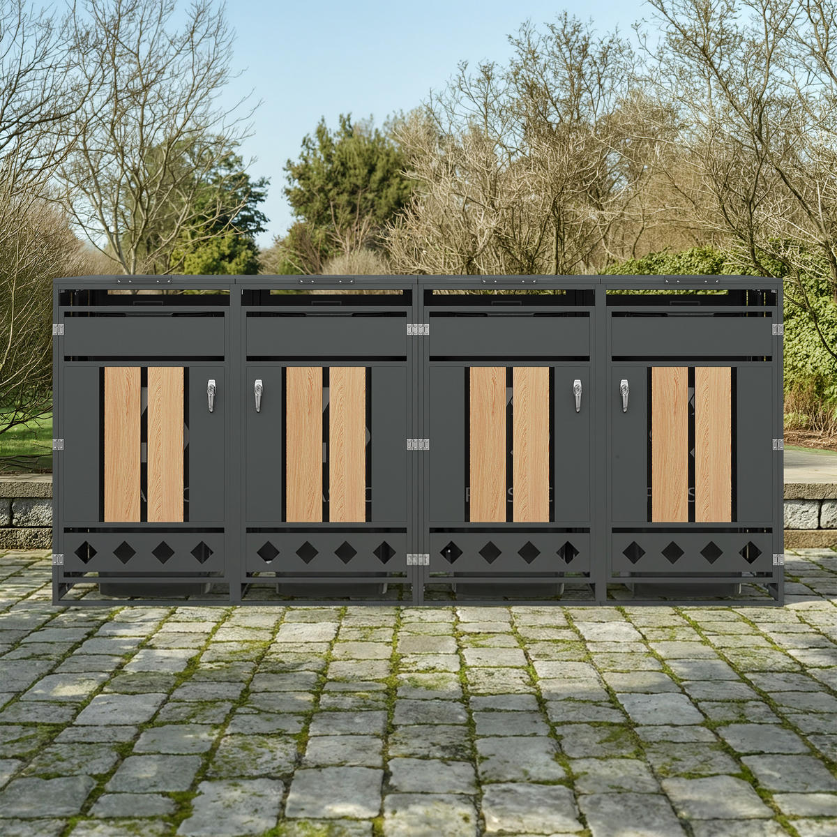 MÜLLTONNENBOX aus Stahl in Grau/Holzoptik mit hydraulischem Klappdeckel - Grau, Metall (264/118.5/80cm) - Modfu