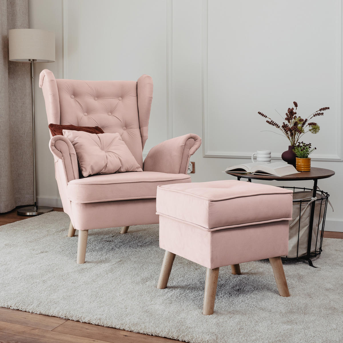 SESSEL mit Fußhocker Classic - Rosa, Holz (92/107/80cm) - Idohome