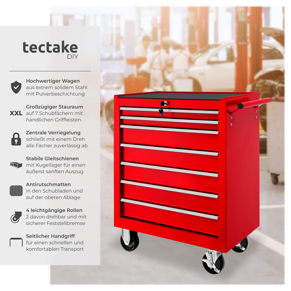 WERKZEUGWAGEN ,Rollen Ø 100 mm,rot - Rot, Metall (33/79/69cm) - tectake