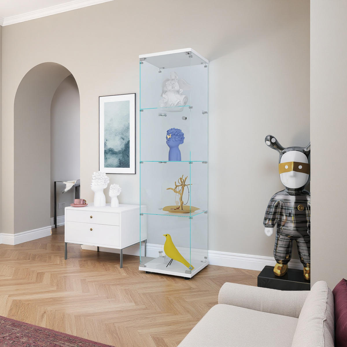 STANDVITRINE 42x164cm Weiß mit 4 Böden, abschließbar - Weiß, Glas (14.37/64.56/16.73cm) - SHOPENTRA