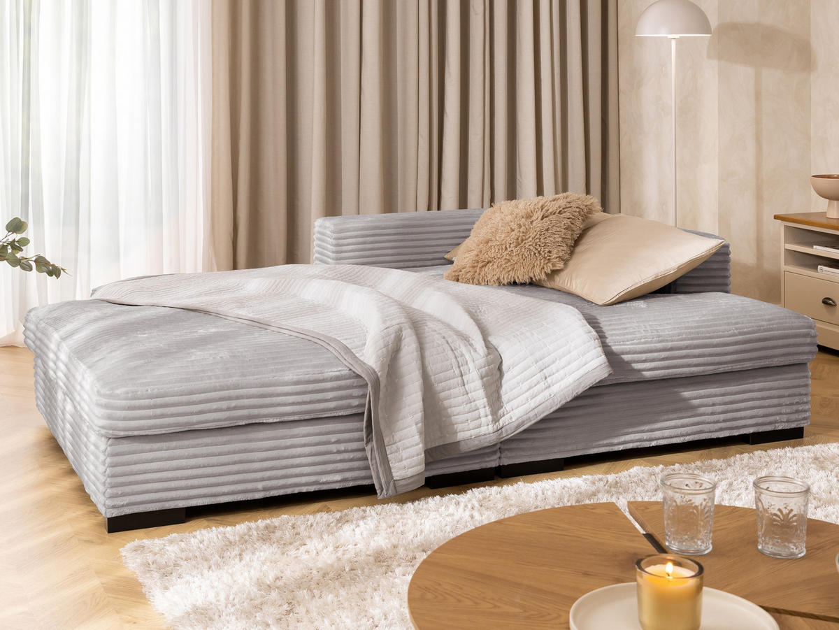ECKSOFA Wolke mit tiefer Sitzfläche, Schlaffunktion und praktischem Bettkasten aus weichem Hellgrau Cordstoff - Hellgrau/Schwarz, Holz/Kunststoff (225/162cm) - S-Style