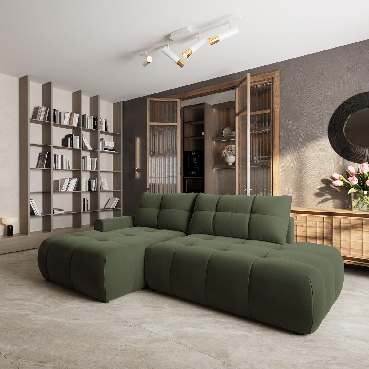 ECKSOFA FLUMA CL L-S Olivgrün Samtstoff mit Schlaffunktion - Olivgrün, Holzwerkstoff/Textil (279/158cm) - MASSENO