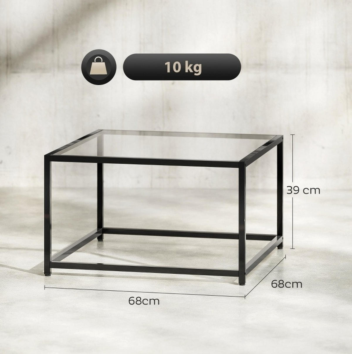COUCHTISCH aus Hartglas und Stahl 68x68x39 cm in Schwarz - Schwarz, Glas (68/68/39cm) - Modfu
