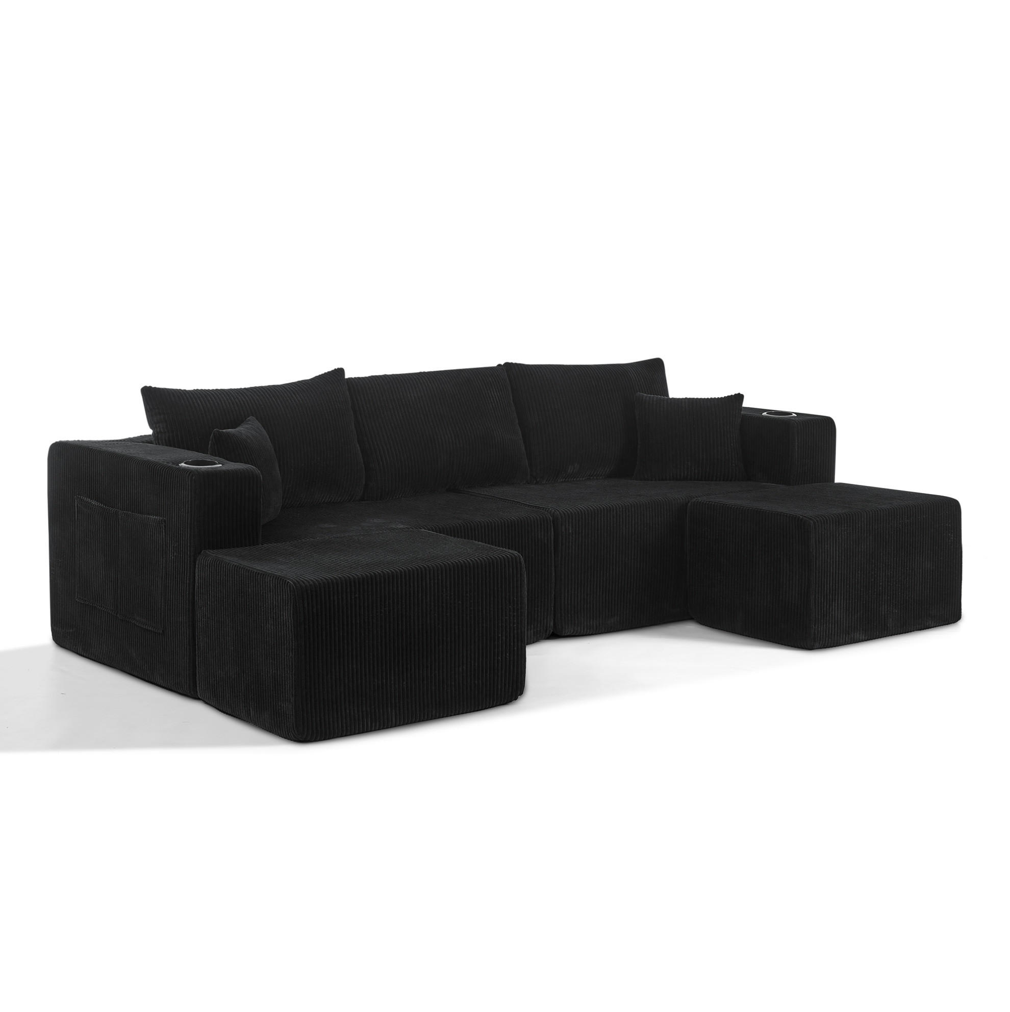 SOFA modular 3-Sitzer Cord Black mit 2 beweglichen Ottomanen - Schwarz, Kunststoff (230/75/138cm) - IVMEU