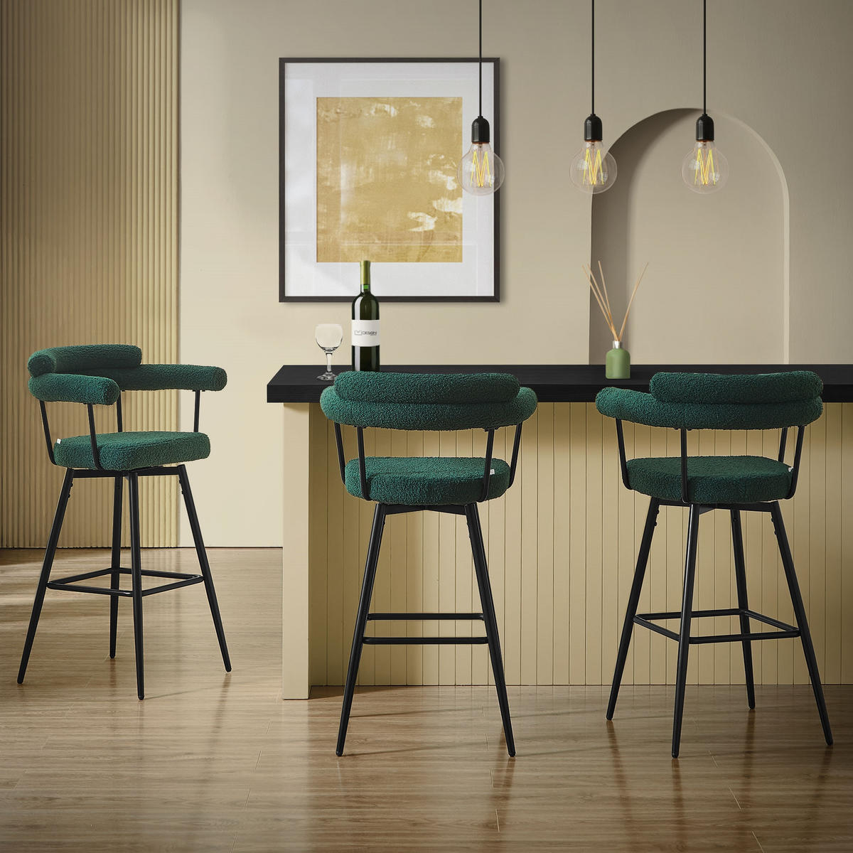BAROVÉ STOLIČKY 4ks otočné tmavě zelené s plyšovým potahem, výška 76 cm - černá/tmavě zelená, kov/textil (61/103/55cm) - ML-DESIGN