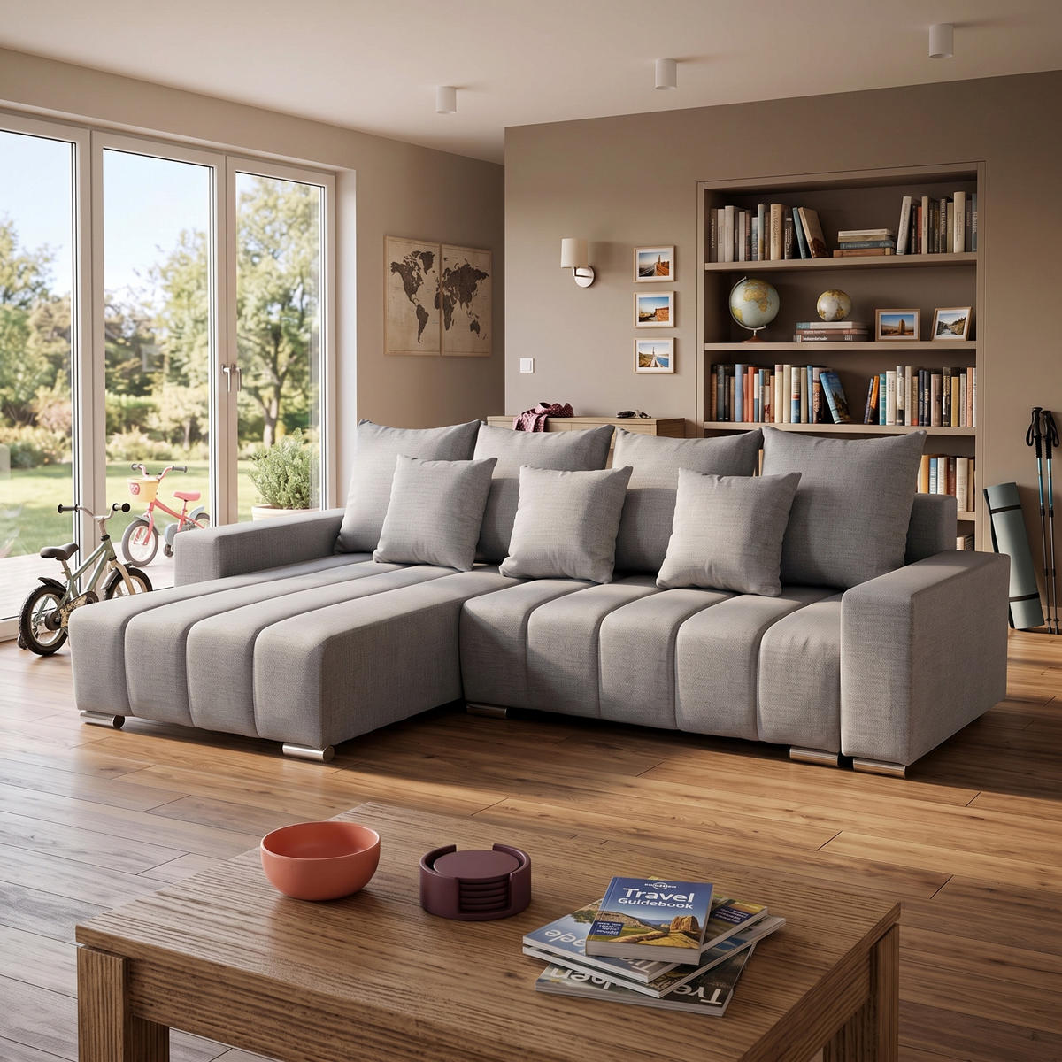 ECKSOFA Piano L Links mit Schlaffunktion 137x234 Velours Taupe - Taupe/Silberfarben, Holz/Textil (278/178cm) - Muffo