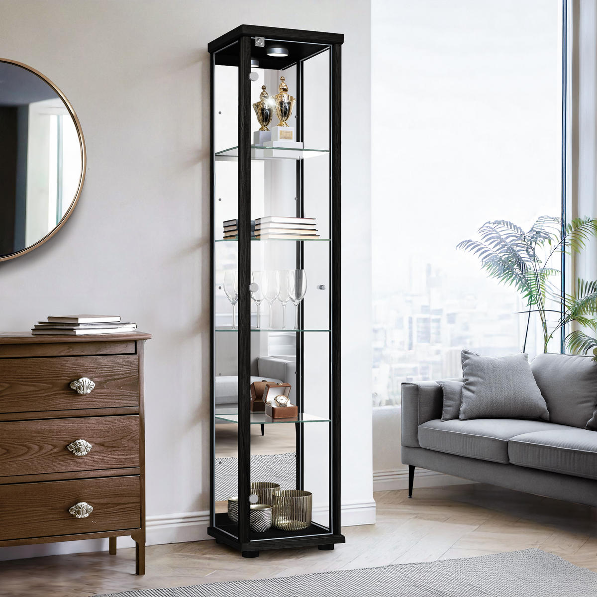 GLASVITRINE 33/37/176 cm mit Spiegel, LED, Schloss & 4 höhenverstellbaren Glasböden - Transparent/Silberfarben, Glas/Holzwerkstoff (37/176/33cm) - K-Möbel