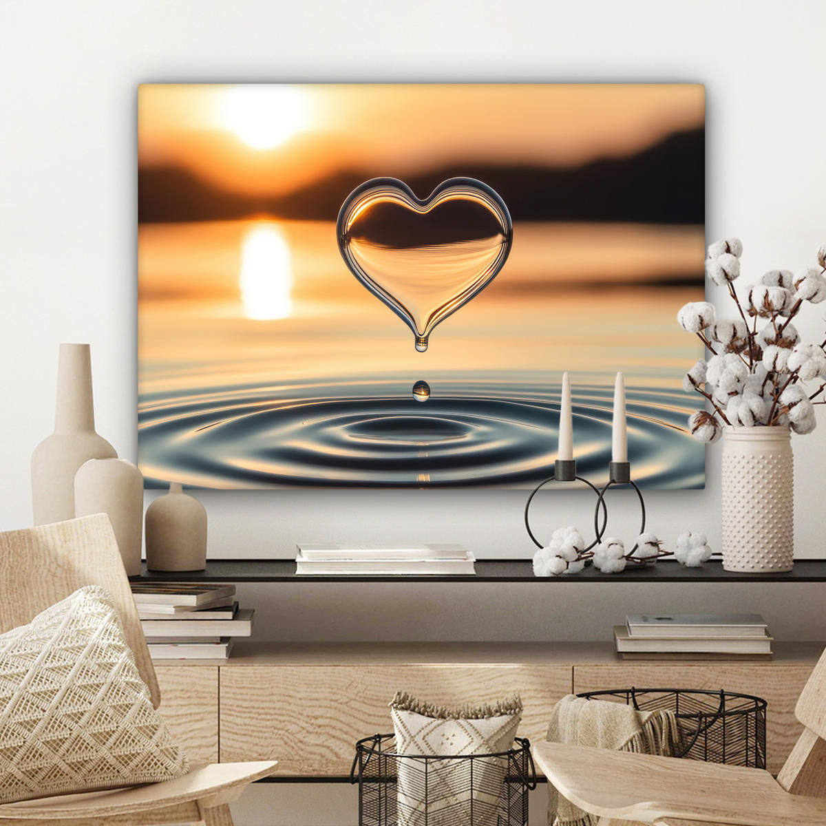 LEINWANDBILD - Herz - Wasser - Sonnenuntergang - Natur - Zen - 80x60 - Malerei - Bernsteinfarben, Textil (80/60cm) - MuchoWow