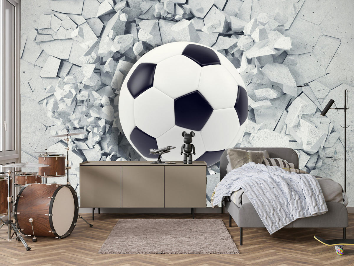 FOTOTAPETE für Kinderzimmer Fußball Riss Graue Wand Dynamik Sport 400x280 - Schwarz/Weiß, Papier (400/280cm) - Muralo