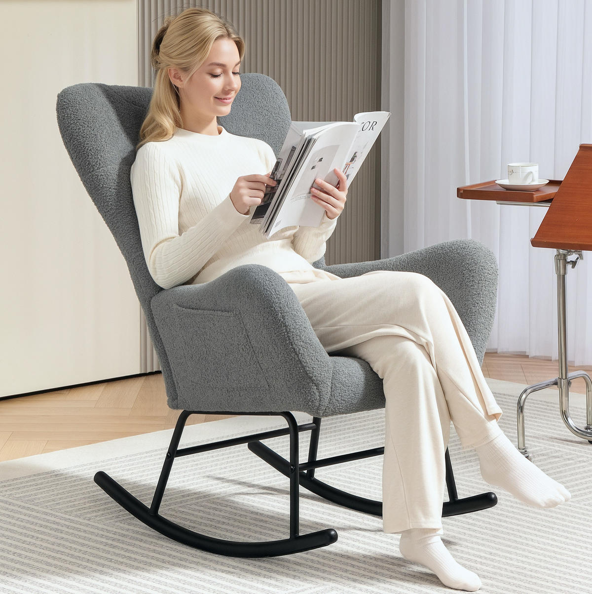 RELAX-SCHAUKELSTUHL 67/95/100 cm mit Teddybezug und Seitentasche, bis 120 kg belastbar - Grau, Textil (67/100/95cm) - BEAOK