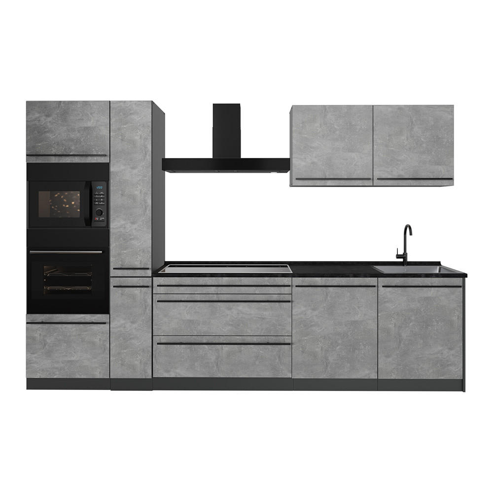 KÜCHENZEILE R-Line, Beton/Anthrazit, 310 cm Arbeitsplatte Anthrazit - Anthrazit/Grau, Holzwerkstoff (310/206.8/60cm) - Vicco