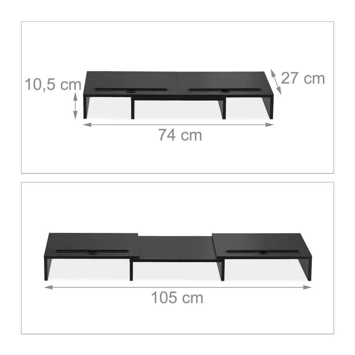 MONITORSTÄNDER Schwarz für 2 Monitore ausziehbar 105 cm - Schwarz, Holzwerkstoff/Kunststoff (27/105/10.5cm) - Relaxdays