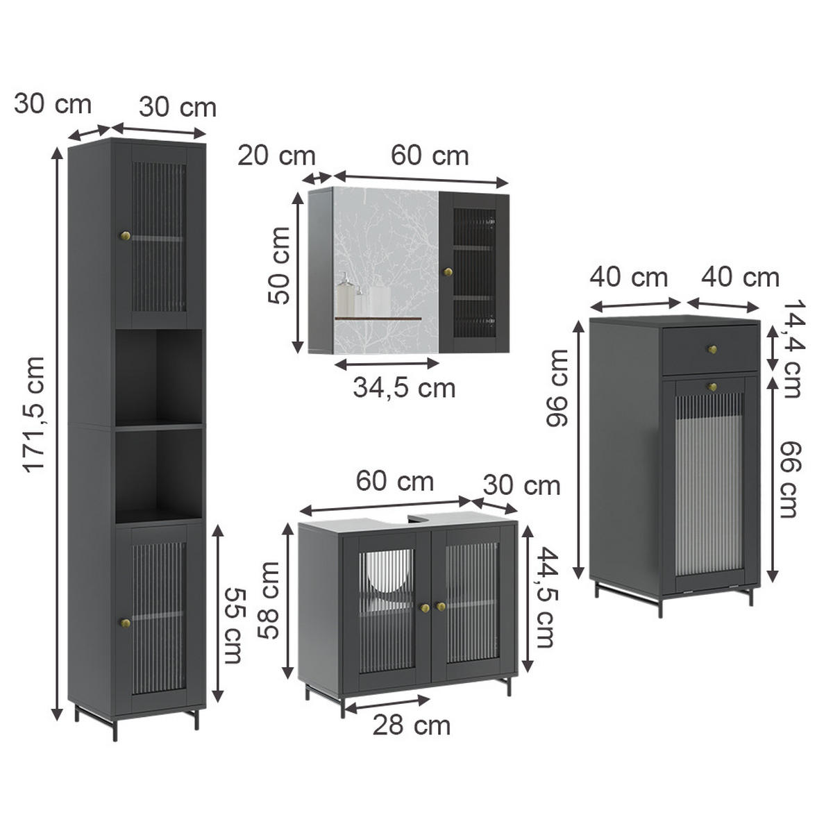 BADMÖBEL-SET Malte Grau 4 Teile - Grau, Holzwerkstoff (60/58/30cm) - Vicco