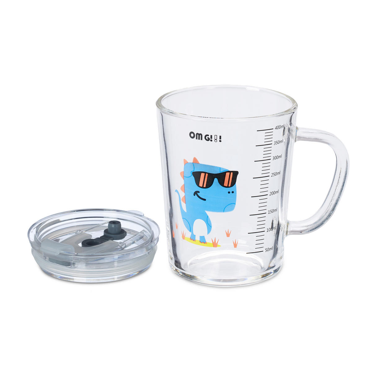 GLAS Transparent Blå 2-pack dinosauriemotiv 400 ml - Transparent, Glas/Plast (0.4L) - Relaxdays