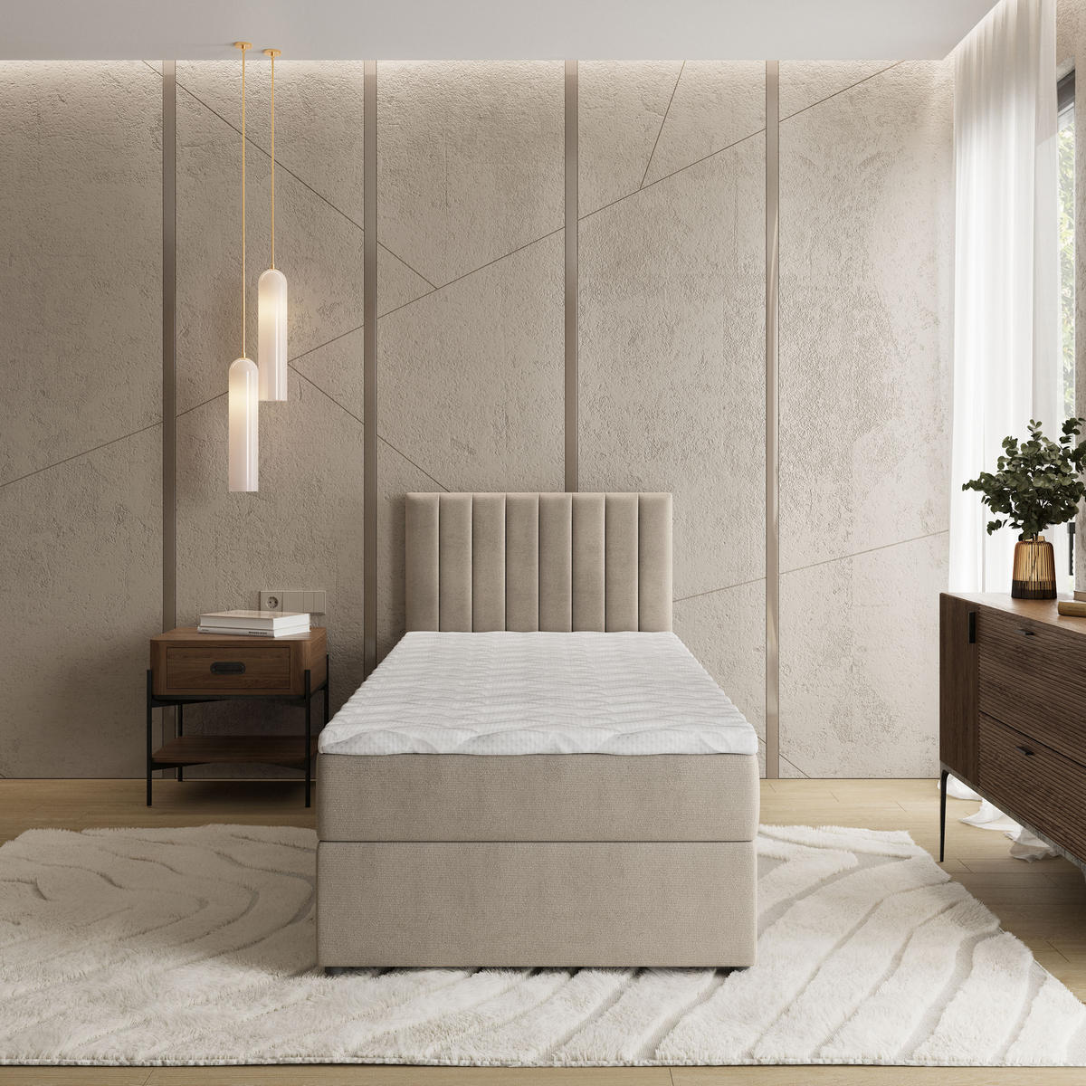 BOXBETT BRESEL 80 80x200 cm mit Matratze und Topper, H2+H3 - Beige - Beige, Holz (80/200cm) - MASSENO