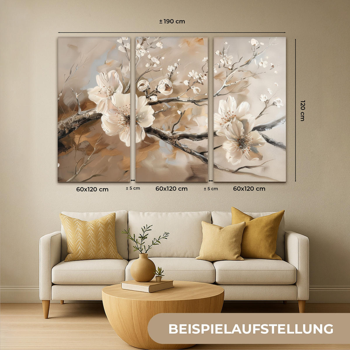 OBRAZ NA PLÁTNĚ 3dílná sada Květina - Béžová - Abstraktní - Květiny 180x120 cm - světle hnědá, textil (180/120cm) - MuchoWow