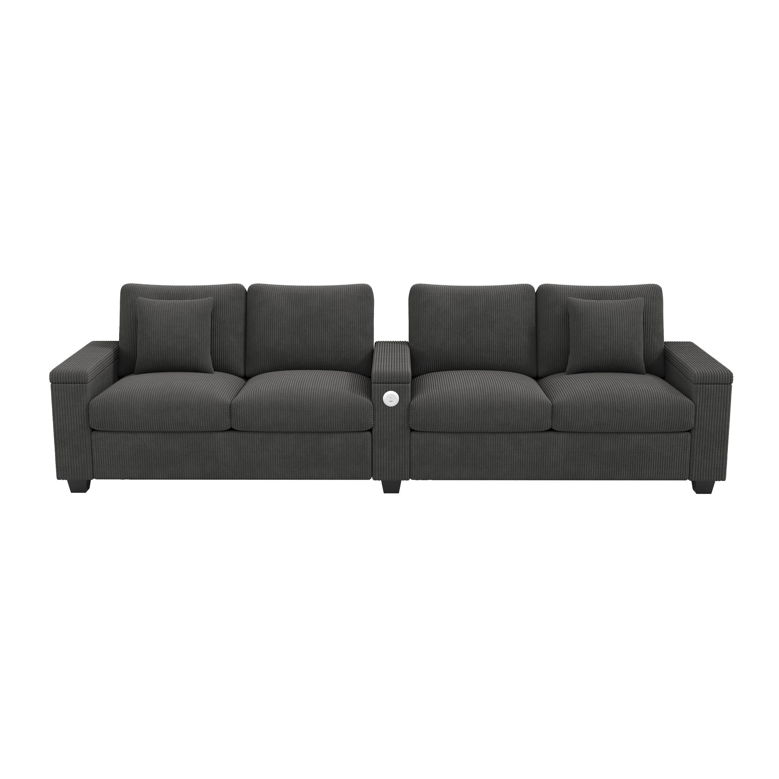 SOFA 4-Sitzer Cord Grau mit USB, USB-C und Stauraum - Grau, Holzwerkstoff/Kunststoff (299/82.7/80cm) - WISHDOR