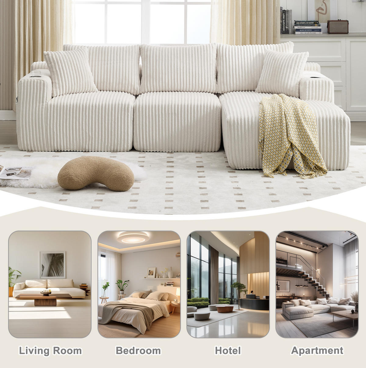 ECKSOFA 257/90/160/62 cm Beige aus Cord mit Chaiselongue - Beige, Textil (160/257cm) - OKMYHOME