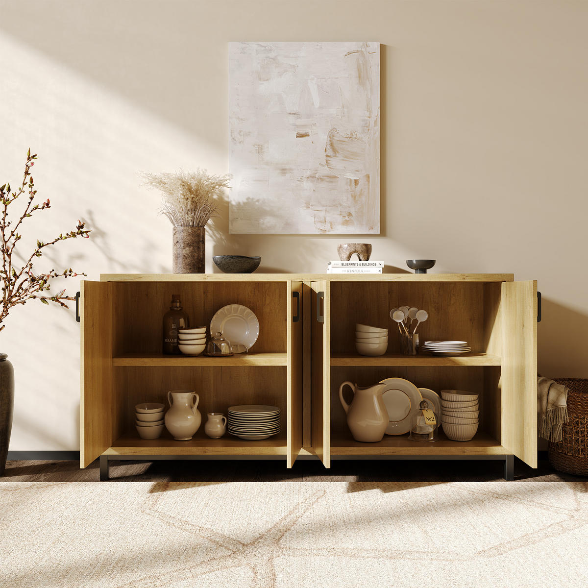 SIDEBOARD 160x35x80 cm Holzoptik 4 Türen Metallfüße - Naturfarben, Holz (160/80/35cm) - LEBENLANG